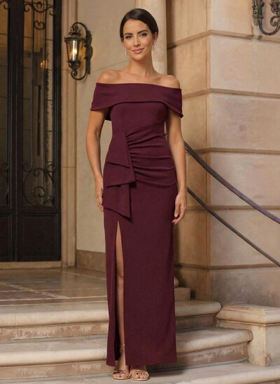 Elegant Off-The-Shoulder Floor-Length Elastic Satin Mother Of The Bride Dresses With Ruffle Bow(s) High Split
