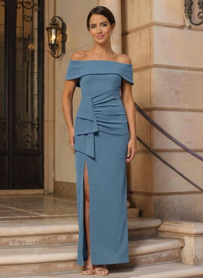 Elegant Off-The-Shoulder Floor-Length Elastic Satin Mother Of The Bride Dresses With Ruffle Bow(s) High Split