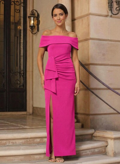 Elegant Off-The-Shoulder Floor-Length Elastic Satin Mother Of The Bride Dresses With Ruffle Bow(s) High Split