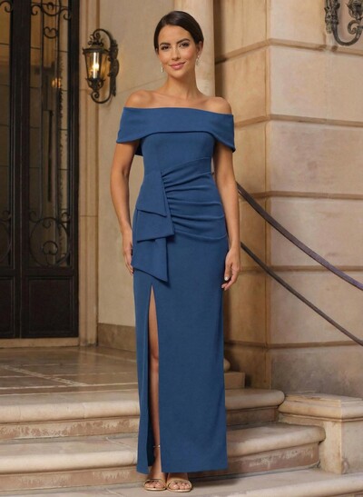Elegant Off-The-Shoulder Floor-Length Elastic Satin Mother Of The Bride Dresses With Ruffle Bow(s) High Split