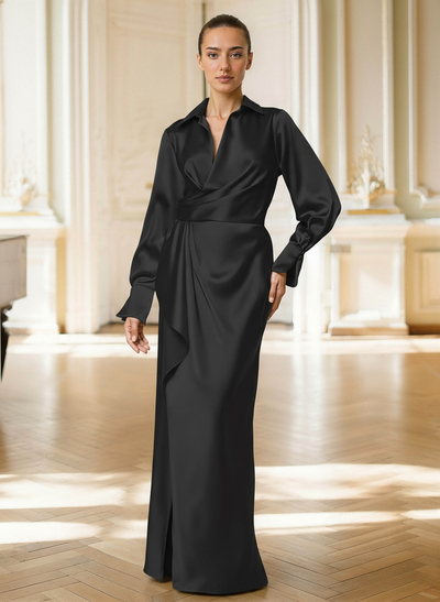 Elegant V-Neck Long Sleeves Floor-Length Acetate Satin Mother Of The Bride Dresses With Ruffle