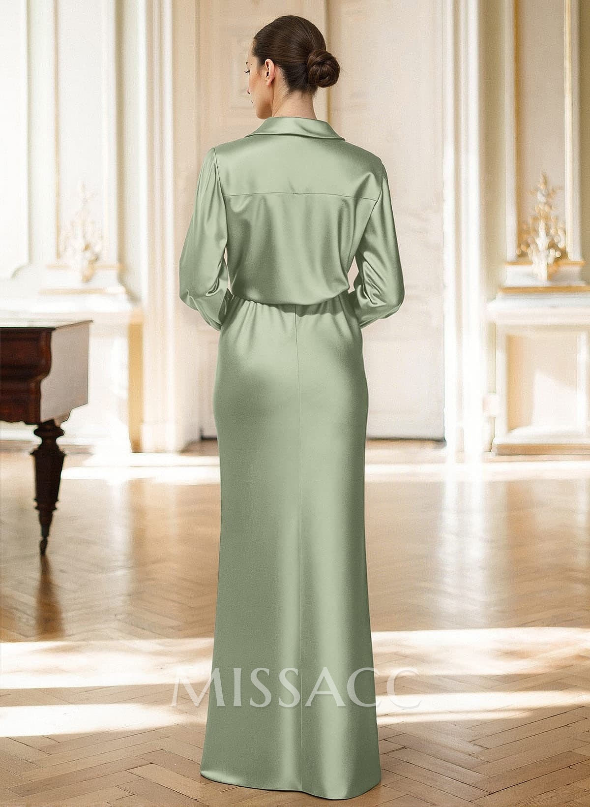 Elegant V-Neck Long Sleeves Floor-Length Acetate Satin Mother Of The Bride Dresses With Ruffle