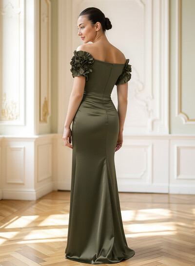 Elegant Off-The-Shoulder Sleeveless Floor-Length Acetate Satin Evening Dresses With Ruffle