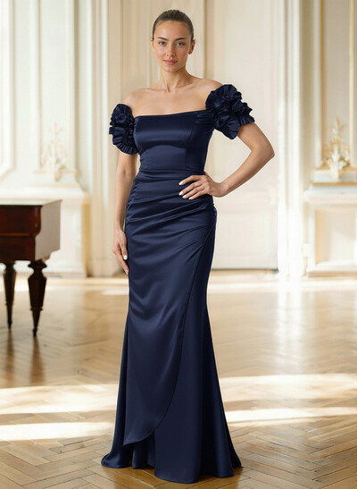 Elegant Off-The-Shoulder Sleeveless Floor-Length Acetate Satin Mother Of The Bride Dresses With Ruffle