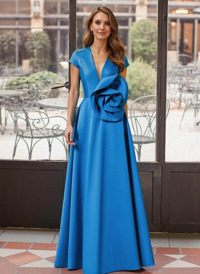 A-Line Plunge Neck Cape Sleeves Floor-Length Satin Mother Of The Bride Dresses With Flower(s)