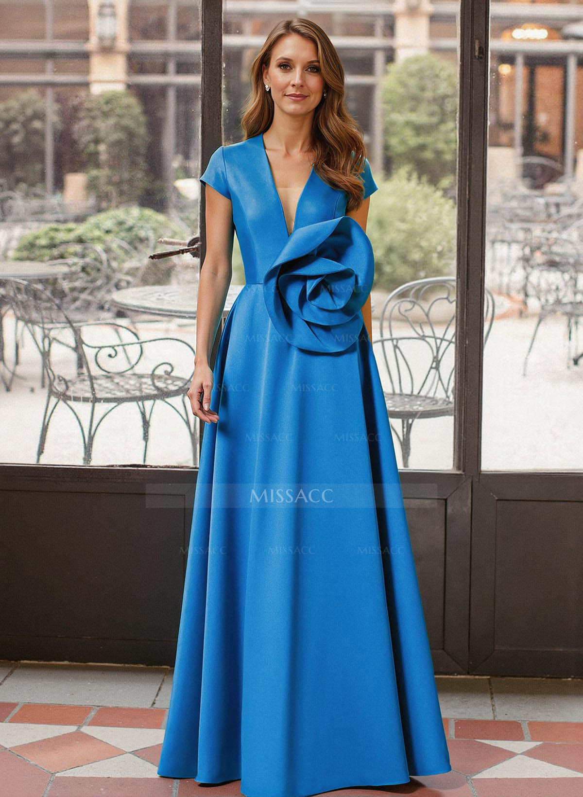 A-Line Plunge Neck Cape Sleeves Floor-Length Satin Mother Of The Bride Dresses With Flower(s)