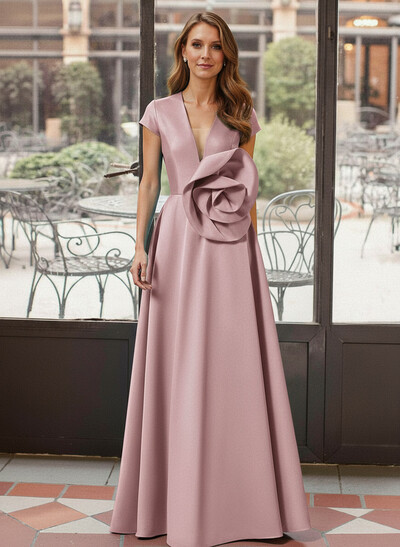 A-Line Plunge Neck Cape Sleeves Floor-Length Satin Mother Of The Bride Dresses With Flower(s)