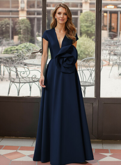 A-Line Plunge Neck Cape Sleeves Floor-Length Satin Mother Of The Bride Dresses With Flower(s)