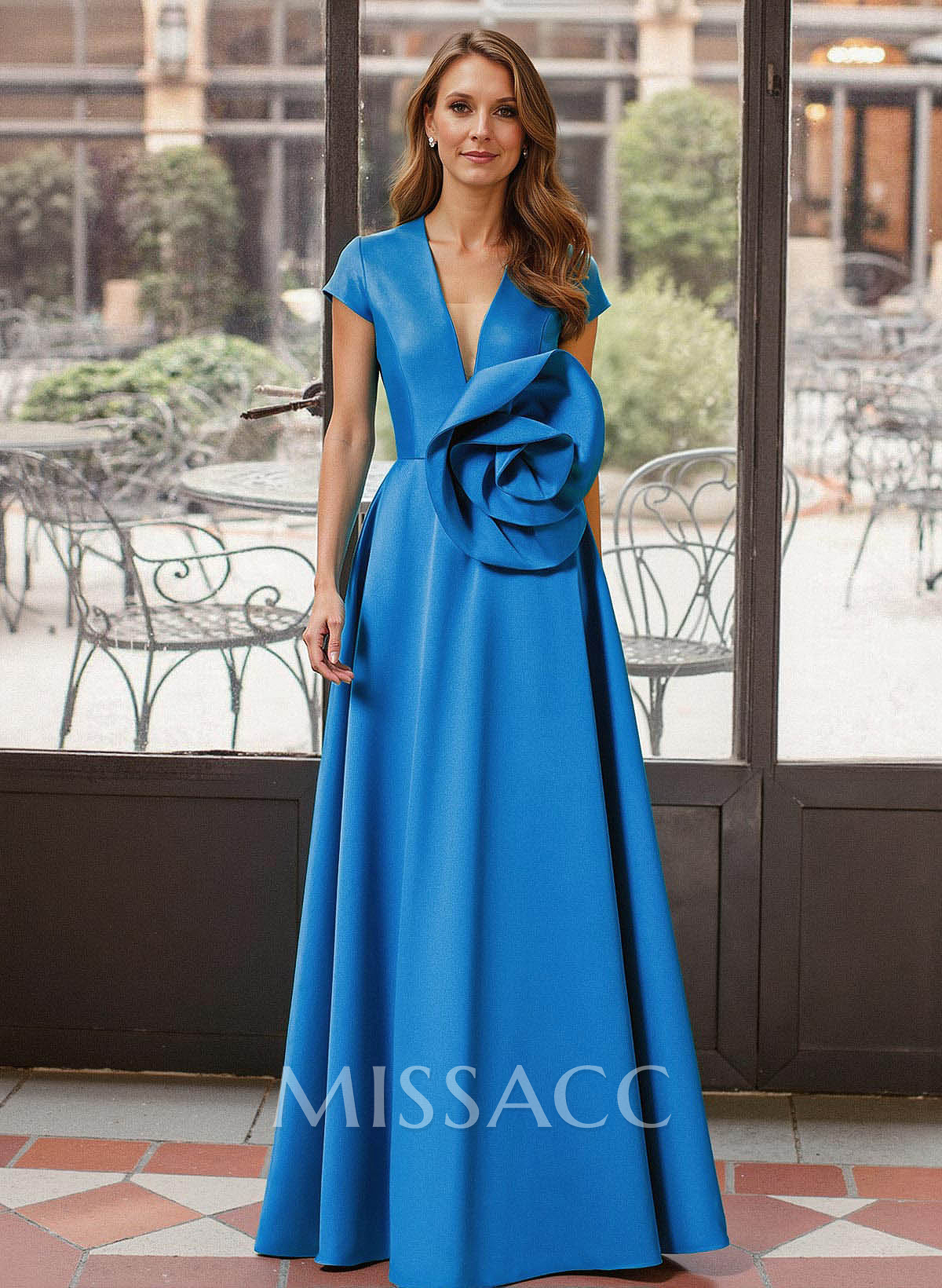 A-Line Plunge Neck Cape Sleeves Floor-Length Satin Mother Of The Bride Dresses With Flower(s)