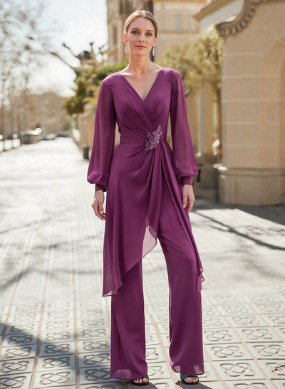 Jumpsuit/Pantsuit V-Neck Long Sleeves Floor-Length Chiffon Mother Of The Bride Dresses With Appliques Lace