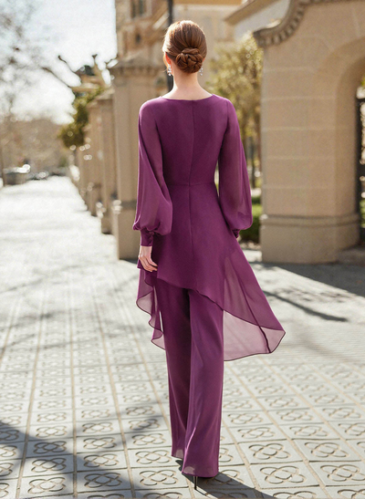 Jumpsuit/Pantsuit V-Neck Long Sleeves Floor-Length Chiffon Mother Of The Bride Dresses With Appliques Lace