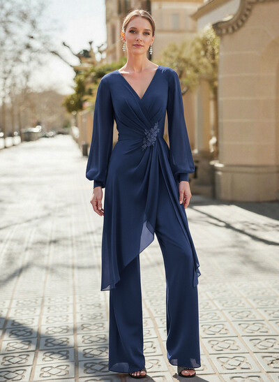 Jumpsuit/Pantsuit V-Neck Long Sleeves Floor-Length Chiffon Mother Of The Bride Dresses With Appliques Lace