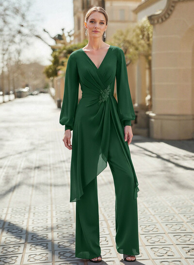 Jumpsuit/Pantsuit V-Neck Long Sleeves Floor-Length Chiffon Mother Of The Bride Dresses With Appliques Lace