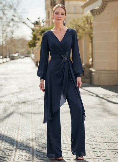 Jumpsuit/Pantsuit V-Neck Long Sleeves Floor-Length Chiffon Mother Of The Bride Dresses With Appliques Lace
