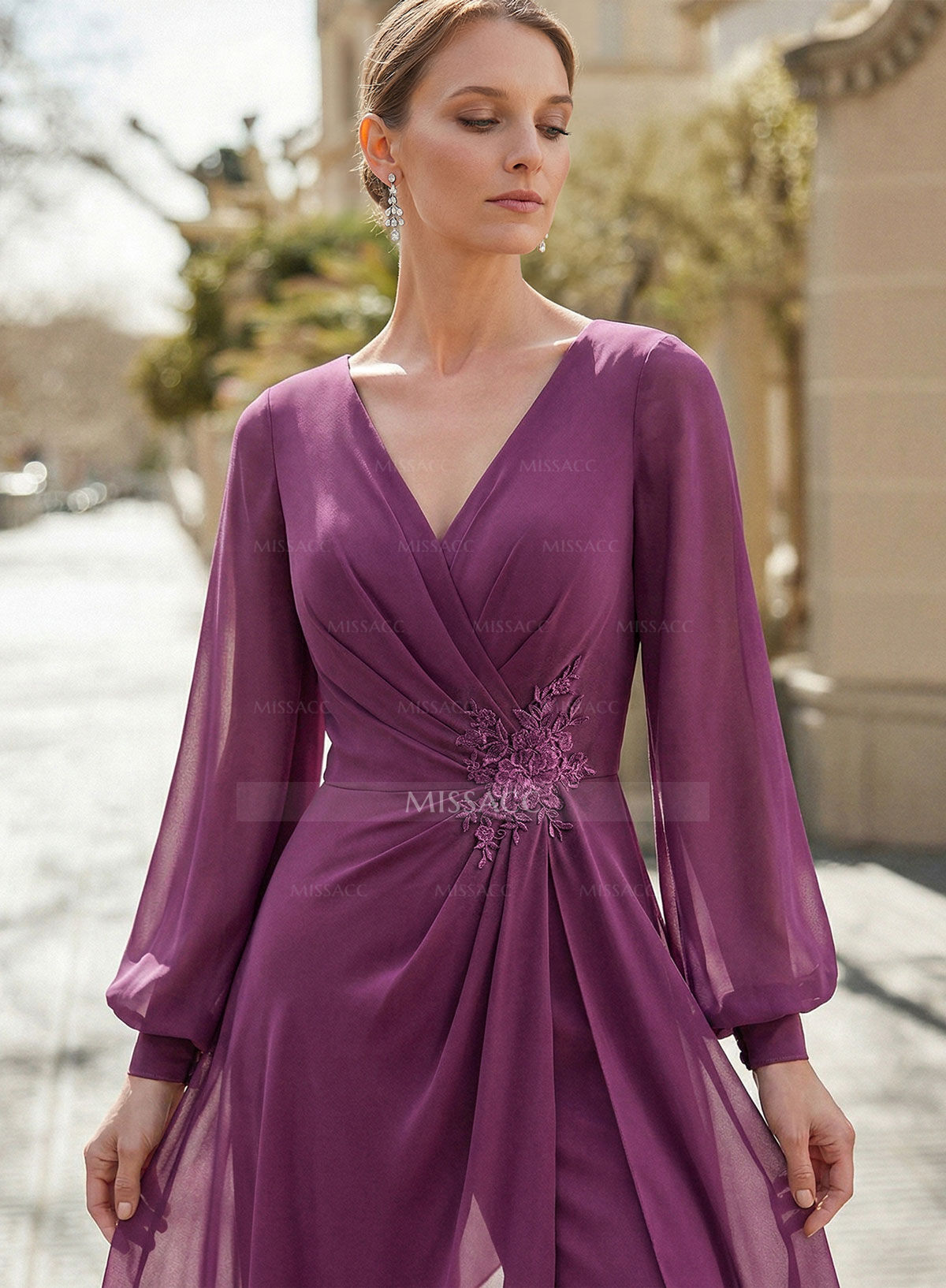 Jumpsuit/Pantsuit V-Neck Long Sleeves Floor-Length Chiffon Mother Of The Bride Dresses With Appliques Lace