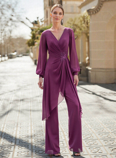 Jumpsuit/Pantsuit V-Neck Long Sleeves Floor-Length Chiffon Mother Of The Bride Dresses With Appliques Lace