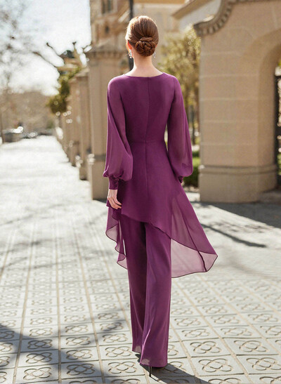 Jumpsuit/Pantsuit V-Neck Long Sleeves Floor-Length Chiffon Mother Of The Bride Dresses With Appliques Lace