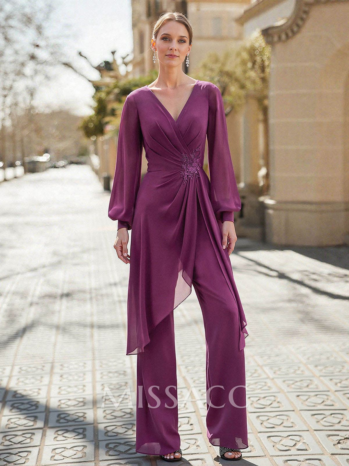 Jumpsuit/Pantsuit V-Neck Long Sleeves Floor-Length Chiffon Mother Of The Bride Dresses With Appliques Lace