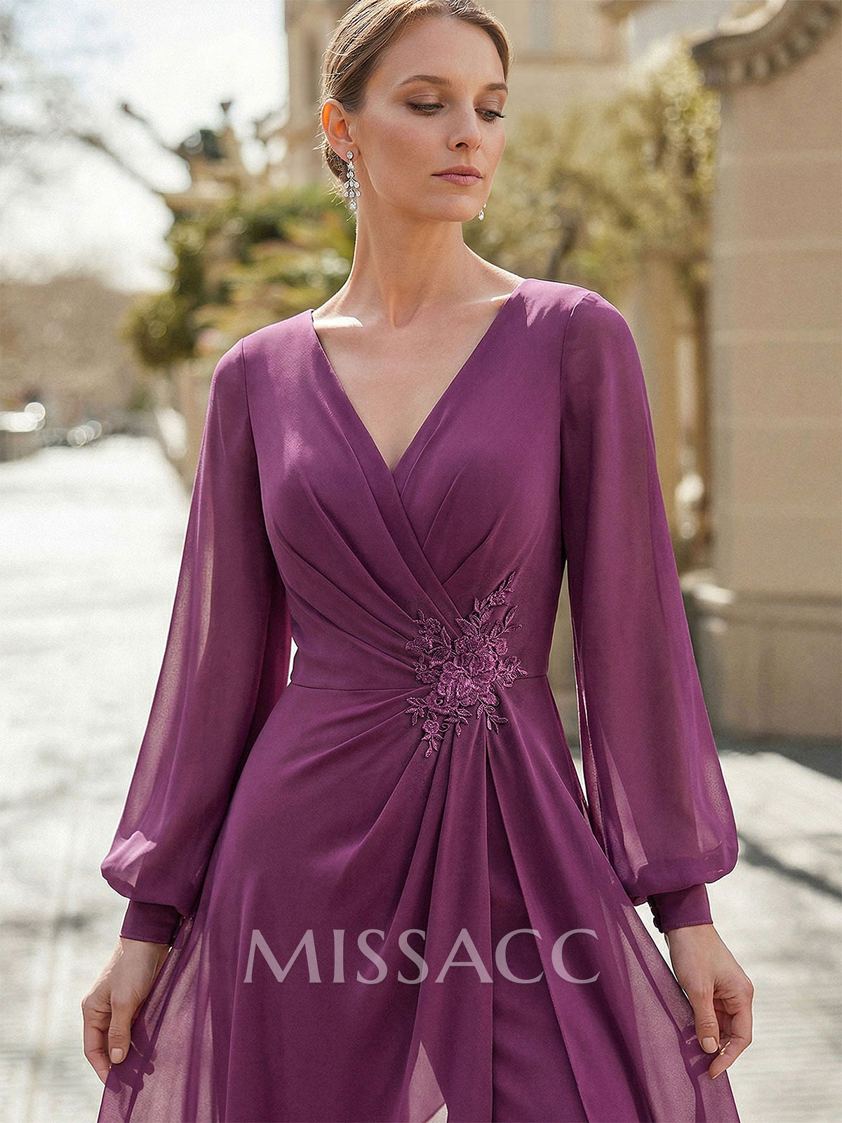 Jumpsuit/Pantsuit V-Neck Long Sleeves Floor-Length Chiffon Mother Of The Bride Dresses With Appliques Lace