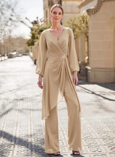 Jumpsuit/Pantsuit V-Neck Long Sleeves Floor-Length Chiffon Mother Of The Bride Dresses With Appliques Lace