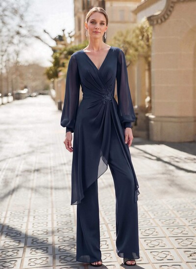 Jumpsuit/Pantsuit V-Neck Long Sleeves Floor-Length Chiffon Mother Of The Bride Dresses With Appliques Lace