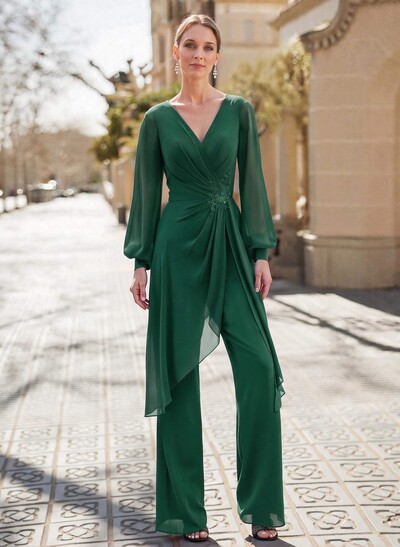 Jumpsuit/Pantsuit V-Neck Long Sleeves Floor-Length Chiffon Mother Of The Bride Dresses With Appliques Lace