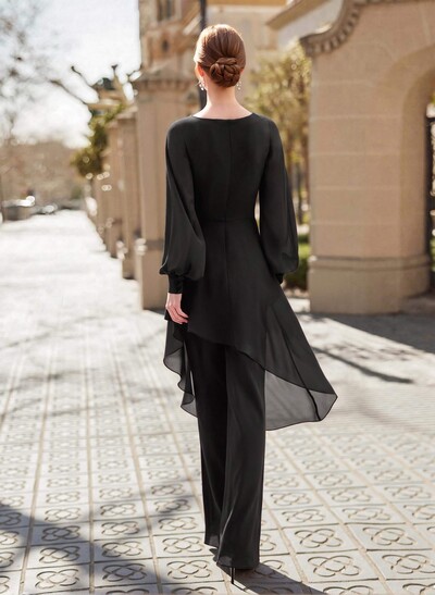 Jumpsuit/Pantsuit V-Neck Long Sleeves Floor-Length Chiffon Mother Of The Bride Dresses With Appliques Lace