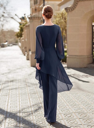 Jumpsuit/Pantsuit V-Neck Long Sleeves Floor-Length Chiffon Mother Of The Bride Dresses With Appliques Lace