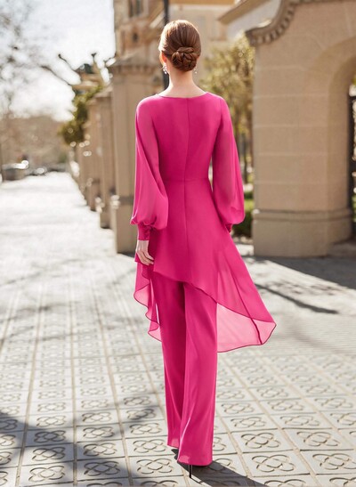 Jumpsuit/Pantsuit V-Neck Long Sleeves Floor-Length Chiffon Mother Of The Bride Dresses With Appliques Lace