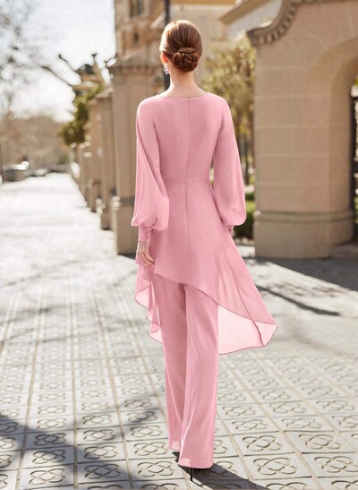 Jumpsuit/Pantsuit V-Neck Long Sleeves Floor-Length Chiffon Mother Of The Bride Dresses With Appliques Lace