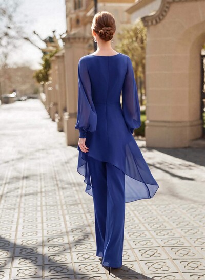 Jumpsuit/Pantsuit V-Neck Long Sleeves Floor-Length Chiffon Mother Of The Bride Dresses With Appliques Lace