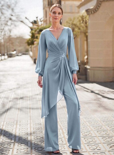 Jumpsuit/Pantsuit V-Neck Long Sleeves Floor-Length Chiffon Mother Of The Bride Dresses With Appliques Lace
