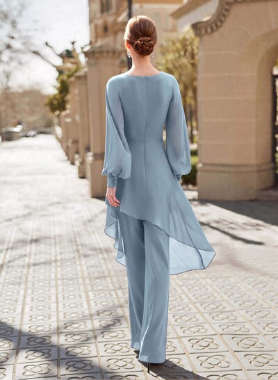Jumpsuit/Pantsuit V-Neck Long Sleeves Floor-Length Chiffon Mother Of The Bride Dresses With Appliques Lace