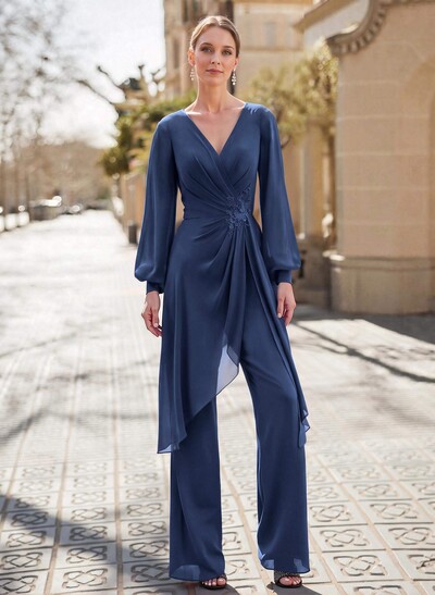 Jumpsuit/Pantsuit V-Neck Long Sleeves Floor-Length Chiffon Mother Of The Bride Dresses With Appliques Lace
