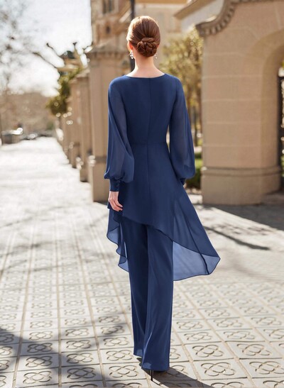 Jumpsuit/Pantsuit V-Neck Long Sleeves Floor-Length Chiffon Mother Of The Bride Dresses With Appliques Lace