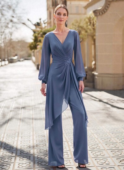 Jumpsuit/Pantsuit V-Neck Long Sleeves Floor-Length Chiffon Mother Of The Bride Dresses With Appliques Lace