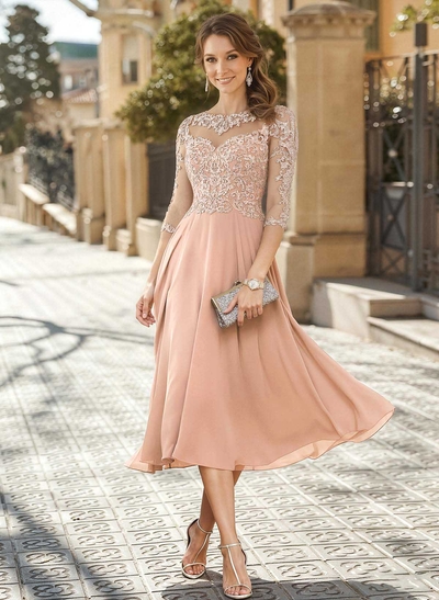 A-Line Illusion Neck 3/4 Sleeves Tea-Length Chiffon Mother Of The Bride Dresses With Appliques Lace
