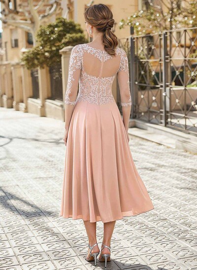 A-Line Illusion Neck 3/4 Sleeves Tea-Length Chiffon Mother Of The Bride Dresses With Appliques Lace