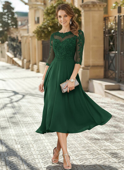 A-Line Illusion Neck 3/4 Sleeves Tea-Length Chiffon Mother Of The Bride Dresses With Appliques Lace