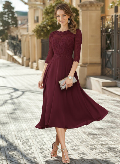 A-Line Illusion Neck 3/4 Sleeves Tea-Length Chiffon Mother Of The Bride Dresses With Appliques Lace