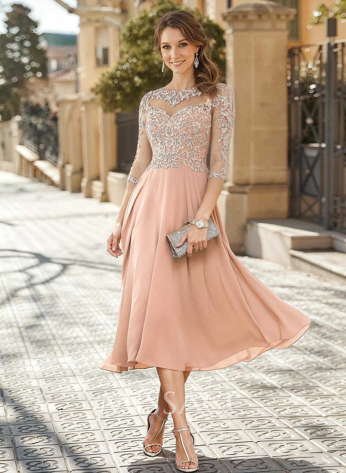 A-Line Illusion Neck 3/4 Sleeves Tea-Length Chiffon Mother Of The Bride Dresses With Appliques Lace