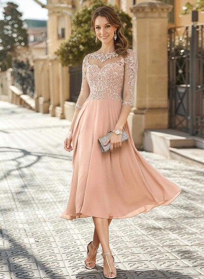 A-Line Illusion Neck 3/4 Sleeves Tea-Length Chiffon Mother Of The Bride Dresses With Appliques Lace