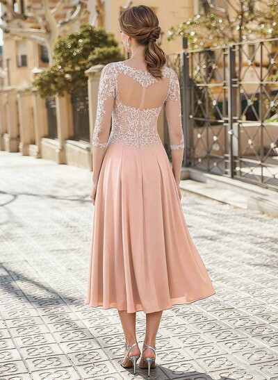 A-Line Illusion Neck 3/4 Sleeves Tea-Length Chiffon Mother Of The Bride Dresses With Appliques Lace