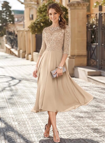 A-Line Illusion Neck 3/4 Sleeves Tea-Length Chiffon Mother Of The Bride Dresses With Appliques Lace
