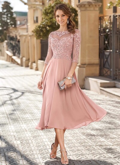 A-Line Illusion Neck 3/4 Sleeves Tea-Length Chiffon Mother Of The Bride Dresses With Appliques Lace