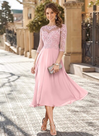 A-Line Illusion Neck 3/4 Sleeves Tea-Length Chiffon Mother Of The Bride Dresses With Appliques Lace