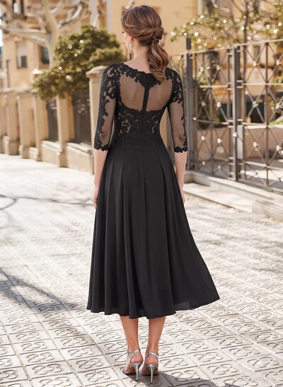 A-Line Illusion Neck 3/4 Sleeves Tea-Length Chiffon Mother Of The Bride Dresses With Appliques Lace