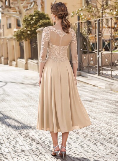 A-Line Illusion Neck 3/4 Sleeves Tea-Length Chiffon Mother Of The Bride Dresses With Appliques Lace