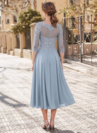 A-Line Illusion Neck 3/4 Sleeves Tea-Length Chiffon Mother Of The Bride Dresses With Appliques Lace
