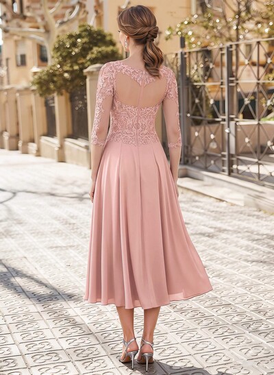 A-Line Illusion Neck 3/4 Sleeves Tea-Length Chiffon Mother Of The Bride Dresses With Appliques Lace